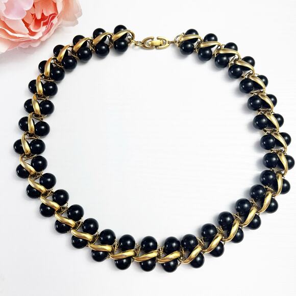 Monet Vintage Black Bead & Gold Tone Collar Necklace - Picture 2 of 9